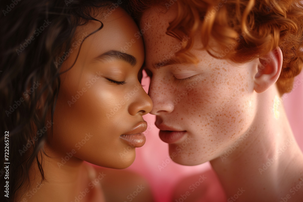A moment of calm intimacy captured between a couple with contrasting skin and hair on a pink background. The concept of love, a warm relationship, a romantic couple. A moment of calm intimacy captured between a couple with contrasting skin and hair on a pink background. The concept of love, a warm relationship, a romantic couple.