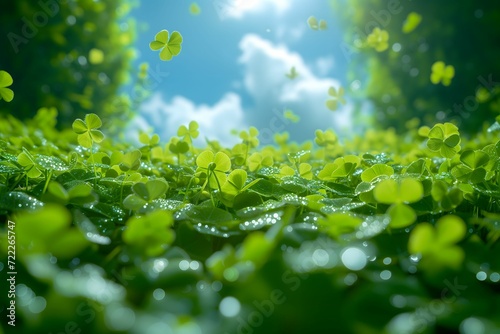 Close-up of a lush clover field with glistening dew under a bright sky. St. Patrick's Day Holiday