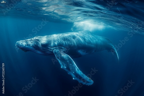 A serene blue whale swims in the deep blue ocean  bathed in sunlight
