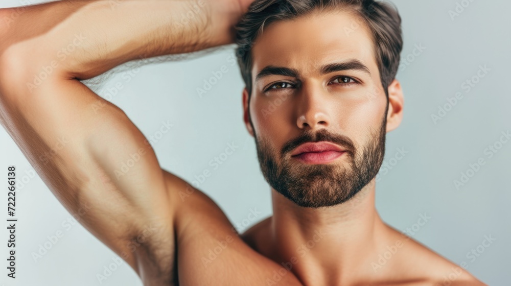 Handsome man with beard posing with arm raised. Handsome man with beard posing with arm raised.