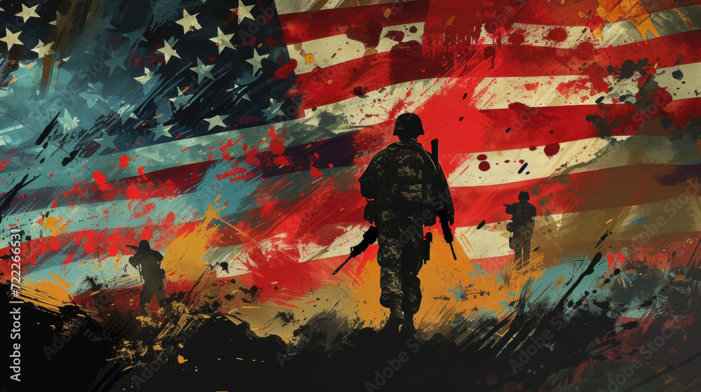 American Soldiers with American Flag in Background, Illustration of Freedom and War, Generative AI