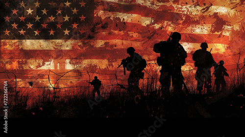 Obraz na płótnie American Soldiers with American Flag in Background, Illustration of Freedom and War, Generative AI w salonie