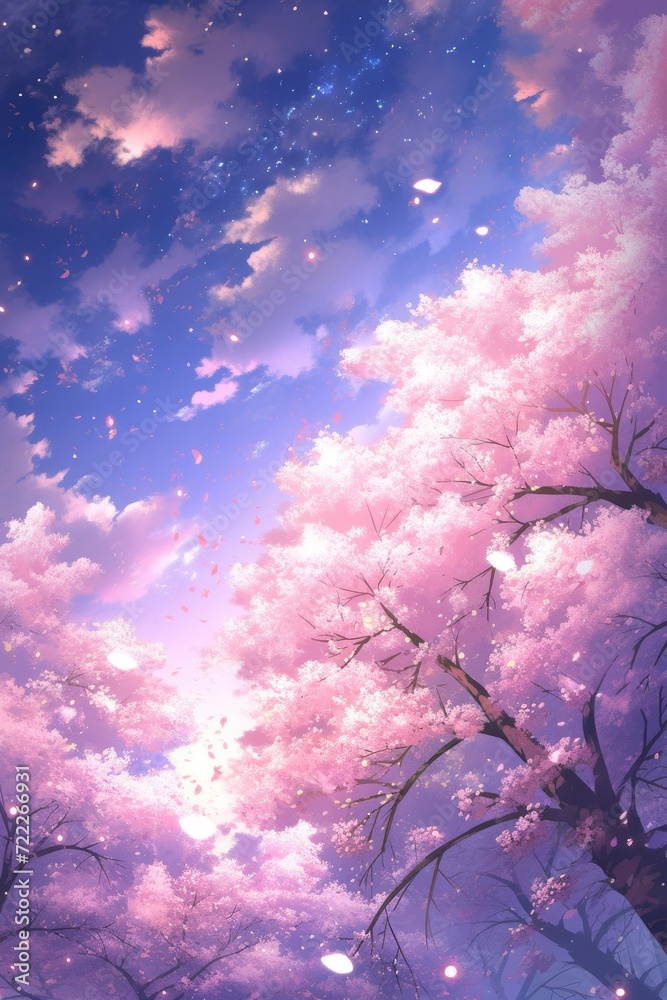 Cherry Blossom Silhouetted Against a Purple Sky. A Twilight Symphony of Nature Beauty.