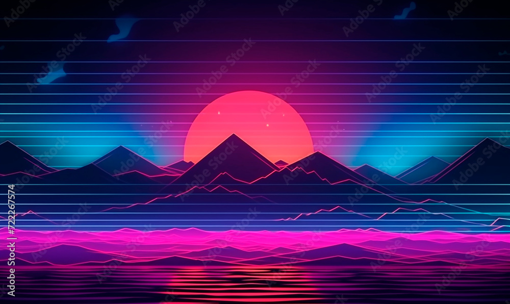 Synthwave mountains with sea and sun in digital lines background. Neon sunset in purple cyber design with hills and ocean waves for a laser party in retrowave style