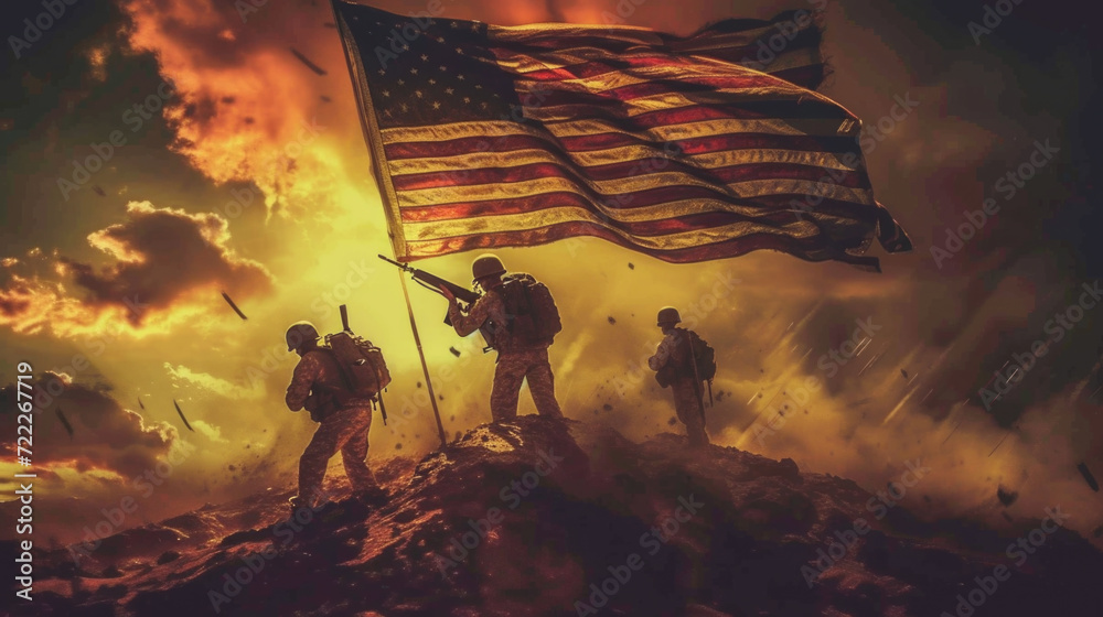 American Soldiers Holding Up American Flag in War, Generative AI