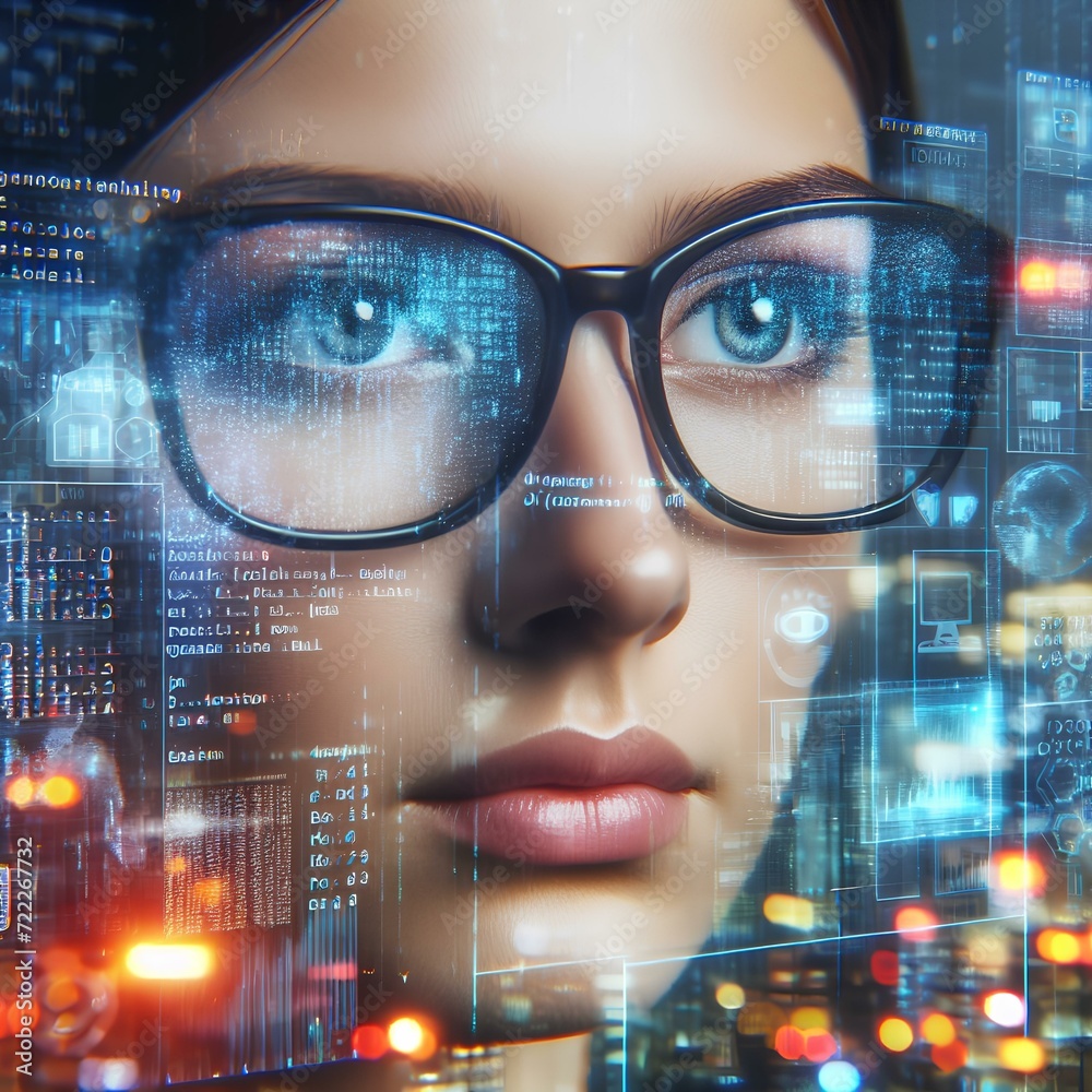 Data reflecting on eyeglasses on woman's face.