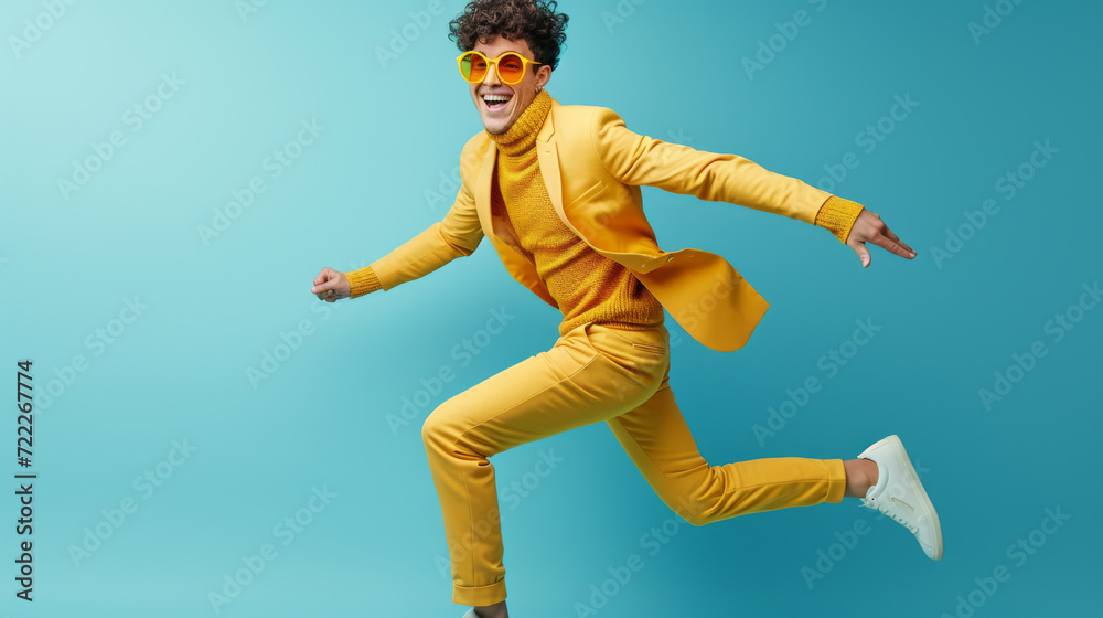 joyful man jumping in the air, dressed in a vibrant yellow suit and turtleneck