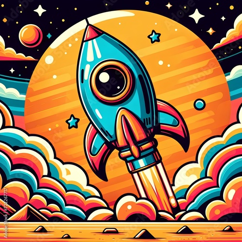 Fototapeta Naklejka Na Ścianę i Meble -  Cartoon space ship rocket taking off.