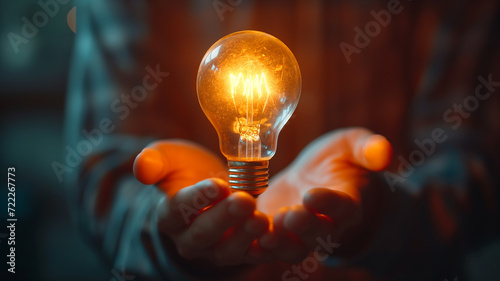 Close-up, hands holding burning light bulb... New idea, invention, invention and development concept photo