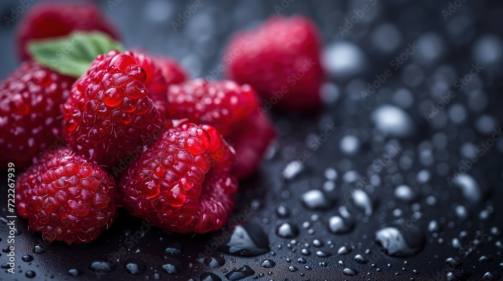 Fresh Raspberries with Water Droplets on a Dark Background Fresh Raspberries with Water Droplets on a Dark Background