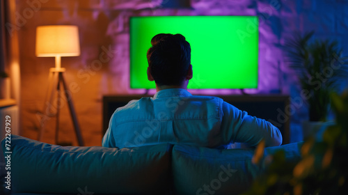person from behind watching a large screen TV with a green screen