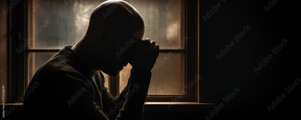 Depressed bald man in silhouette, with his hand to his face, looking out of a window
