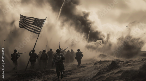 US Army Soldiers with Flag, Historic Freedom Fight, Generative AI