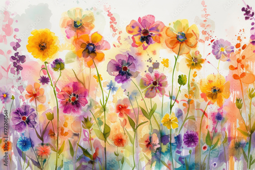 A whimsical watercolor meadow with spring blooms
