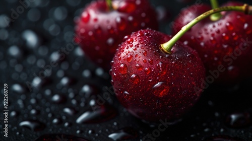 Ripe Red Cherries with Glistening Water Droplets on a Black Surface