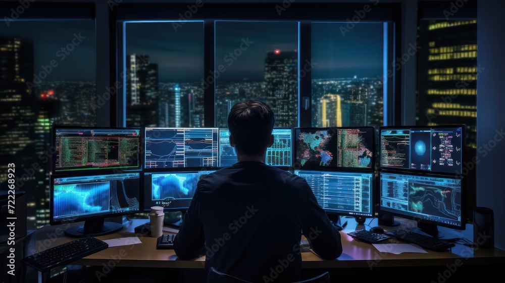 Stock Trader Man Using Multiple Monitors while working at night. Back view.