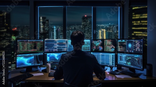 Stock Trader Man Using Multiple Monitors while working at night. Back view.