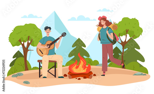 Tourist map hiking travel nature summer trail forest concept. Vector graphic design illustration