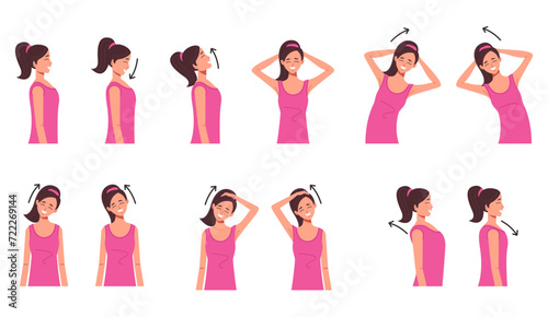 Neck shoulder spine exercise isolated set. Vector flat cartoon graphic design illustration
