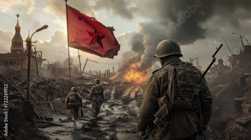 Soldiers in War with Red Flag and Star, Generative AI