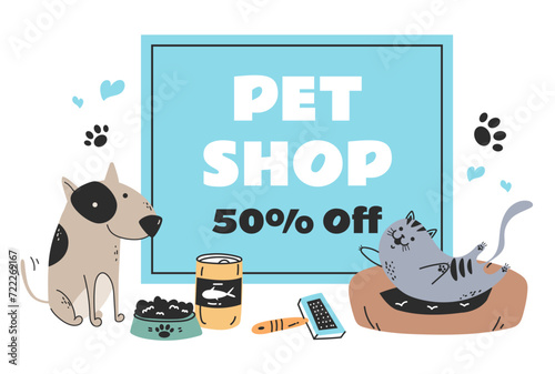 Pet shop sale discount banner poster concept. Animal pets zoo store with food, toys. Vector graphic design illustration element
