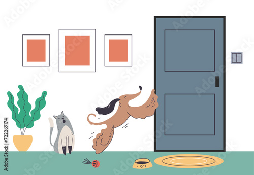 Pets cat dog waiting owners near door concept. Vector graphic design illustration