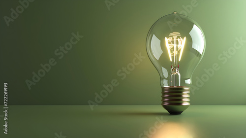 Light bulb on green background with copy space. Glowing light bulb symbol of new idea, inspiration, innovation, solution, creativity concept. Design for banner, card, poster, ads.