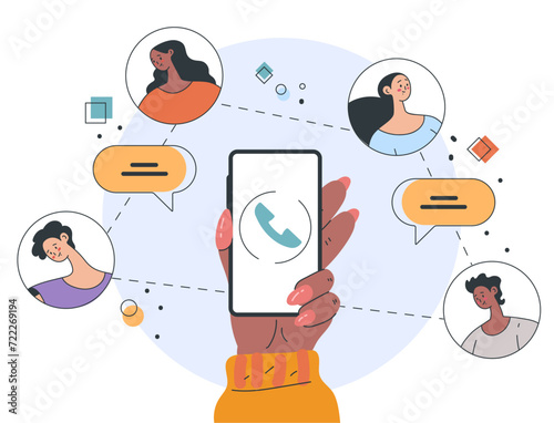 Phone call group chat mobile communication gadget abstract concept. Vector graphic design illustration
