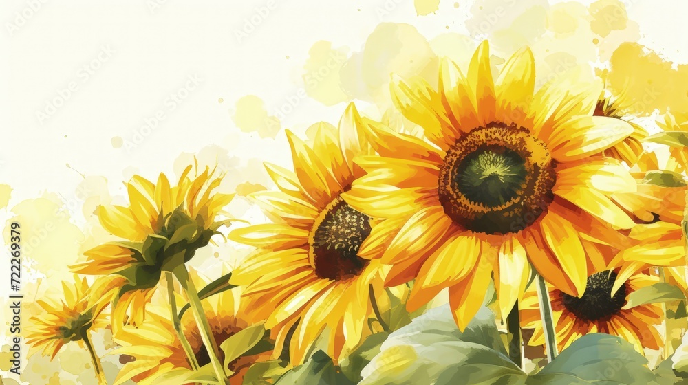 Obraz premium Watercolor Sunflowers in Full Bloom. Bright sunflowers painted in watercolor style, evoking a warm, sunny day.