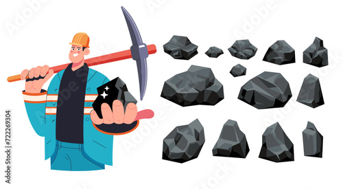 Miner worker with coal gold isolated concept set. Vector flat graphic design illustration
