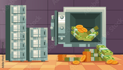 Bank money safe storage room open door concept. Vector graphic design illustration