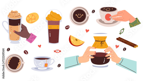 Cup hot drink coffee tea in hand arms isolated set. Vector flat graphic design illustration