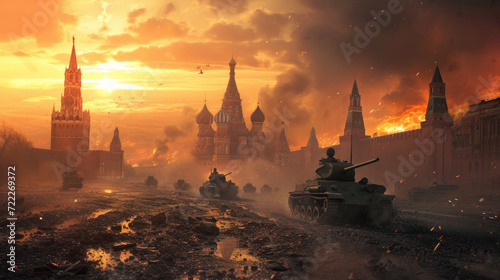 Obraz na płótnie Fictional War in Moscow, Russia with Military Soldiers, Generative AI w salonie