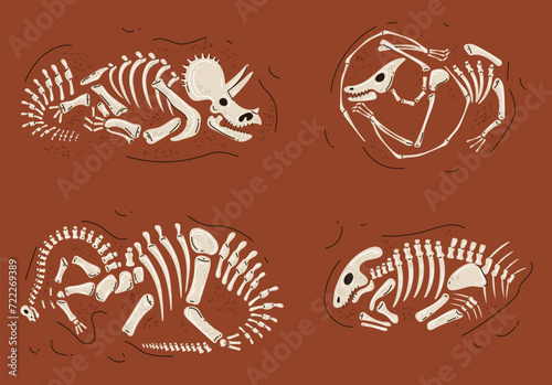 Dinosaur fossil skeleton under ground ancient bone paleontology isolated set. Vector doodle line style design element