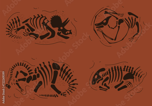 Dinosaur fossil skeleton under ground ancient bone paleontology isolated set. Vector doodle line style design element