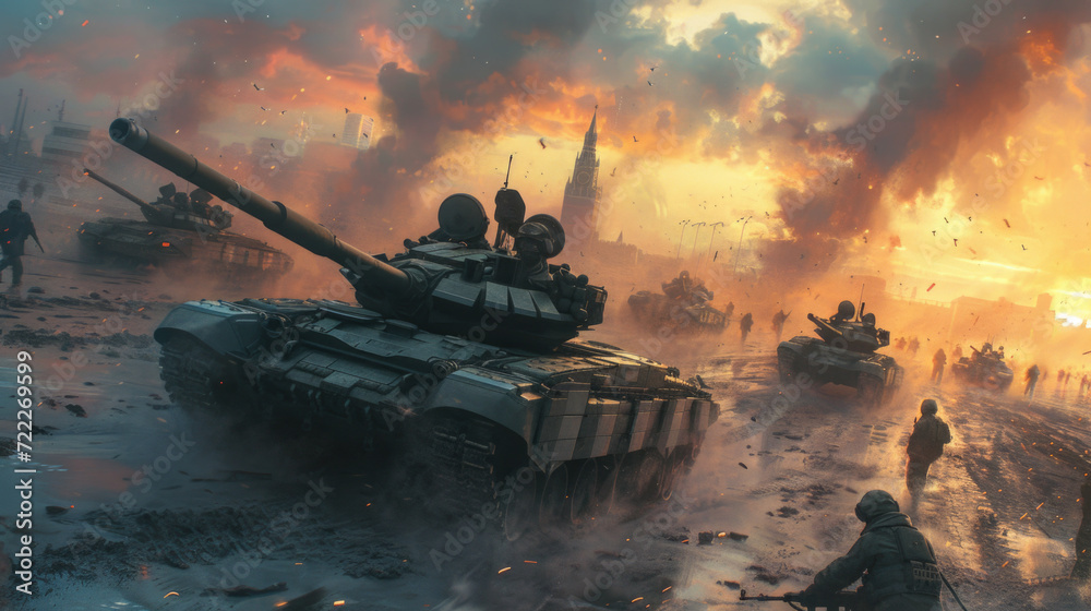 Army Tank in War with Soldiers, Moody and Smokey, Generative AI