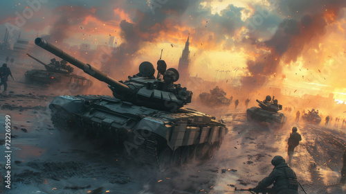 Obraz na płótnie Army Tank in War with Soldiers, Moody and Smokey, Generative AI w salonie