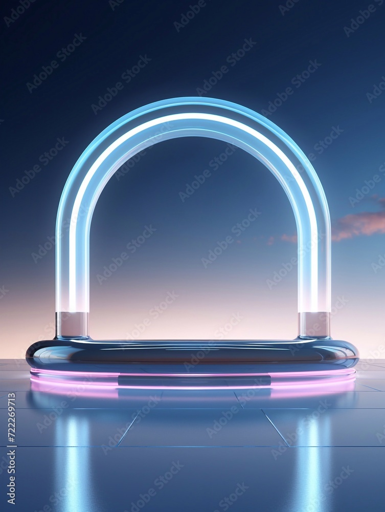 Sci-fi abstract arch frame and Empty podium glowing neon glassmorphism lighting fnd reflection. Product display mockup for product presentation futuristic touch shine rendering 3d shape. Sci-fi abstract arch frame and Empty podium glowing neon glassmorphism lighting fnd reflection. Product display mockup for product presentation futuristic touch shine rendering 3d shape.
