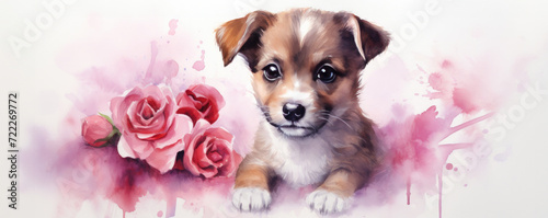 Valentine card with cute puppy. Funny dog illustration for Valentine's Day with hearts and flowers photo