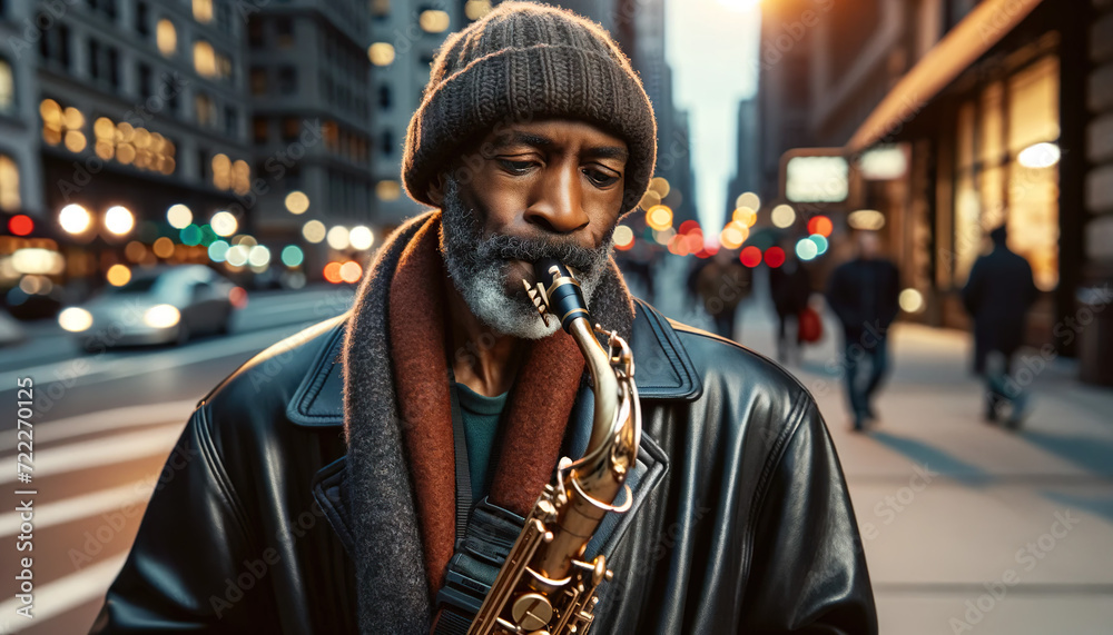 African American Man playing the Saxophone ,busking on the streets of New York.Playing Jazz music. African American Man playing the Saxophone ,busking on the streets of New York.Playing Jazz music.
