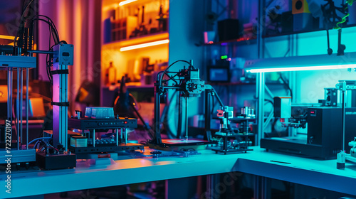 high-tech home workshop with 3D printers and various gadgets, showcasing an inventor's side hustle in creating innovative tech products, under the glow of LED lights photo