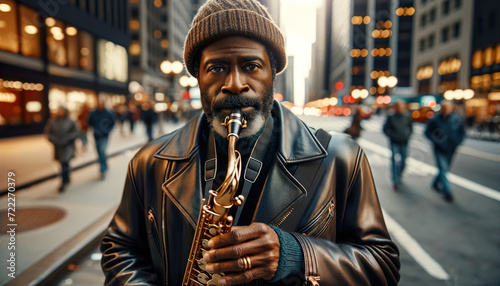 African American Man playing the Saxophone ,busking on the streets of New York.Playing Jazz music.