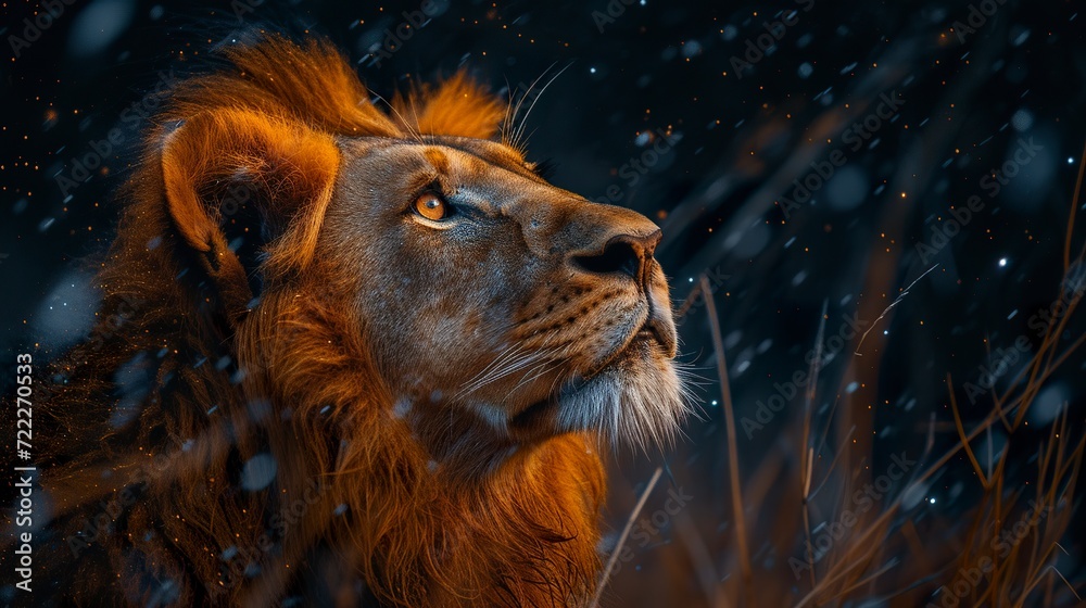 Naklejka premium A majestic and imposing lion expressing tenderness and kindness in his eyes. Magnificent king of the jungle lion in a complexity of wild nature beauty. Amazing animal tenderness.