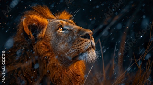 A majestic and imposing lion expressing tenderness and kindness in his eyes. Magnificent king of the jungle lion in a complexity of wild nature beauty. Amazing animal tenderness.