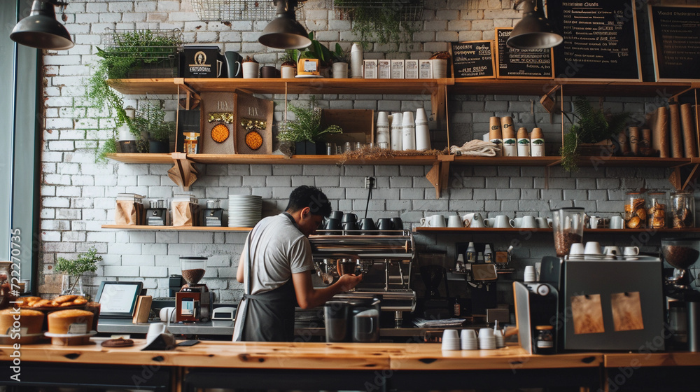 bustling coffee shop interior where a barista is crafting artisanal coffees, alongside a display of home-baked goods, symbolizing a passionate side hustle in the culinary arts