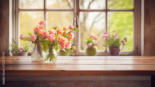 Empty brown wooden tabletop on a blurred kitchen background with a window in the spring sun  a vase with a bouquet of pink tulips. for demonstration or installation of your products.