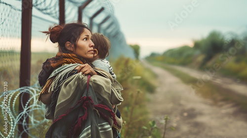 A Latin American woman holds a child in her arms, an illegal immigrant stands against the backdrop of barbed wire on the border between Mexico and America. emigration crisis in America and Texas