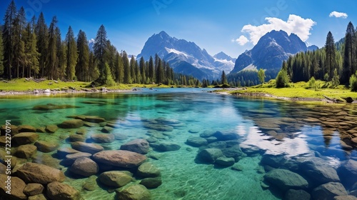 Amazing alpine lake landscape with crystal clear green water and perfect blue sky. Panoramic view of beautiful mountain landscape in the Alps with lake © vita555