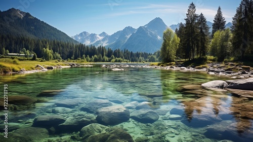 Amazing alpine lake landscape with crystal clear green water and perfect blue sky. Panoramic view of beautiful mountain landscape in the Alps with lake