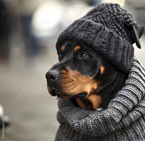 a rottweiler outside wearing a grey sweater wearing a knit hat I photo